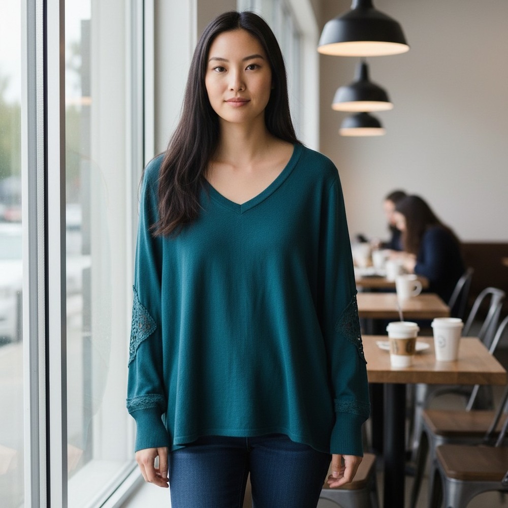 Maurices Teal Blue V-Neck Crochet Lace Bell Long Sleeve Knit Top Large NWT